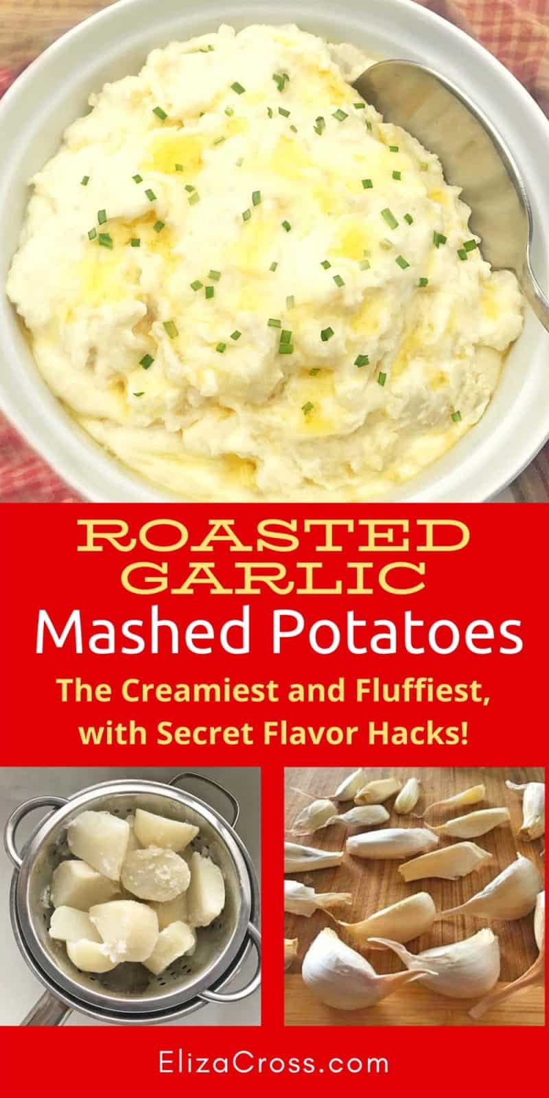 A white dish of roasted garlic mashed potatoes, a strainer with cooked potatoes, and several cloves of garlic