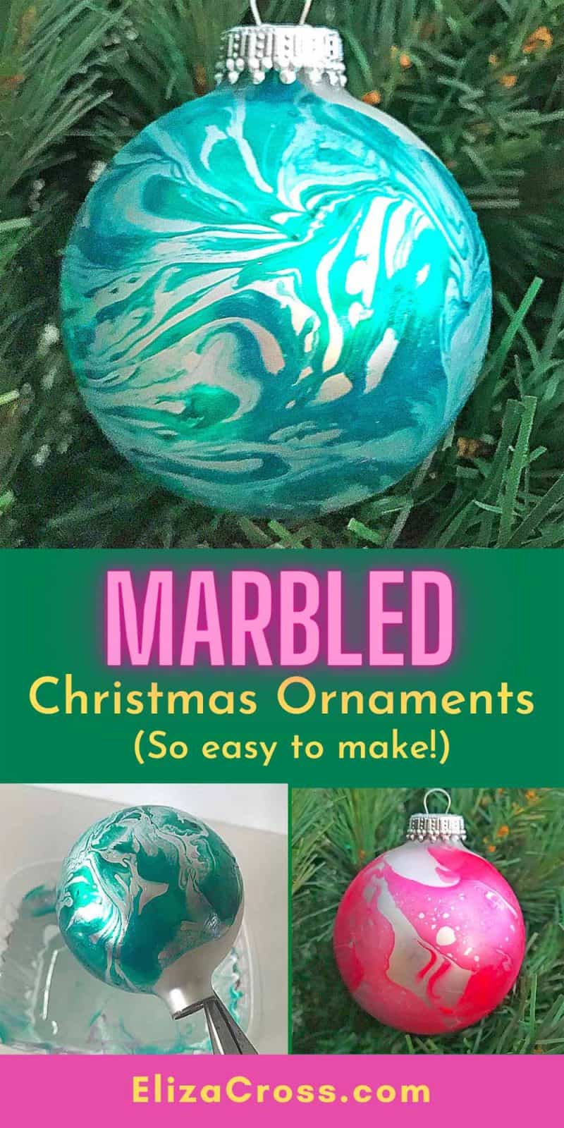 A Pinterest pin showing a large green marbled ornament, dipping an ornament in the marbling solution, and a pink marbled ornament.
