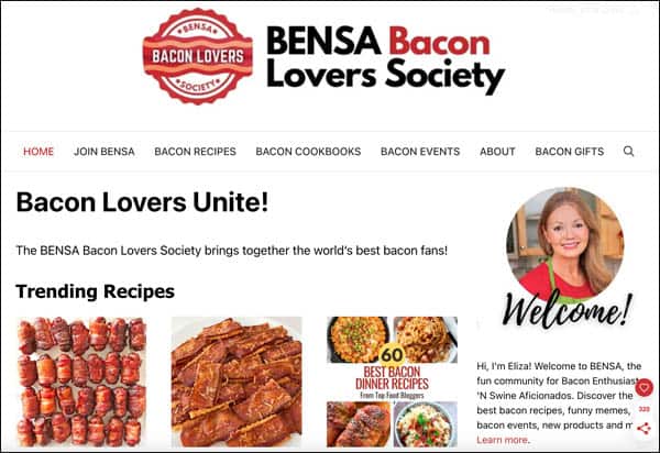 A screenshot of the website home page for the BENSA Bacon Lovers Society.