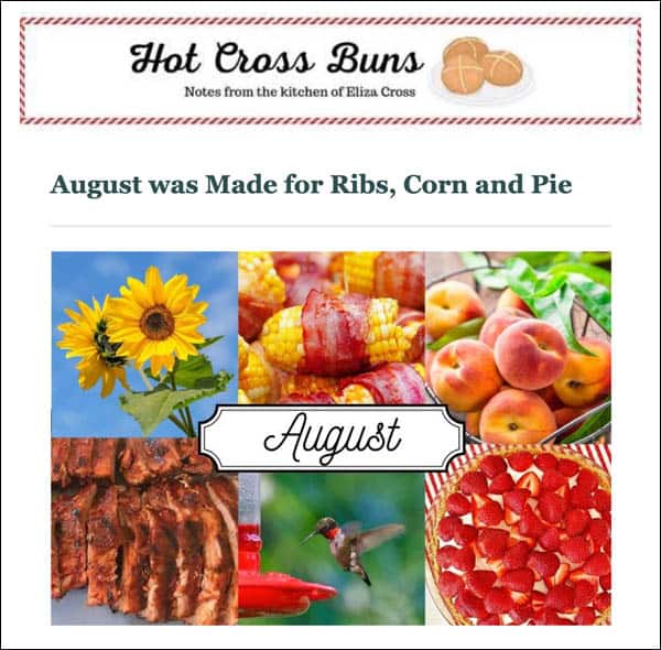 A screenshot of Eliza Cross's monthly newsletter, Hot Cross Buns.