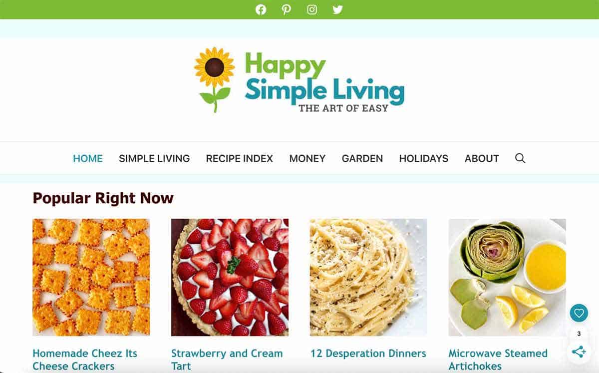 A screenshot of the Happy Simple Living website.